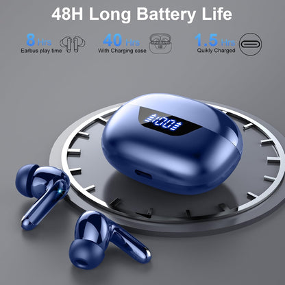 Wireless Earbuds, Bluetooth 5.4 Headphones, ENC Noise Cancelling Mic Ear buds with Stereo Bass, 48H Playtime Earphones , LED Display, IP7 Waterproof In Ear EarBuds for Phone Android iOS Sports, Blue