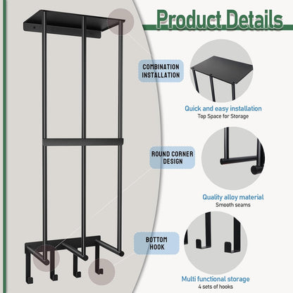 Camping Chair Wall Storage for Garage - Metal Beach Lawn Chair Rack, Garage Storage and Organization Shelves, Wall Mounted Umbrella Storage Rack Holder with Floating Shelf and 4 Hooks Black
