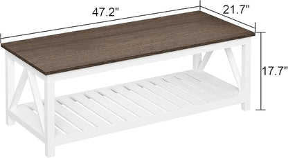 ChooChoo Farmhouse Coffee Table, Rustic Vintage Living Room Table with Shelf, 47 White