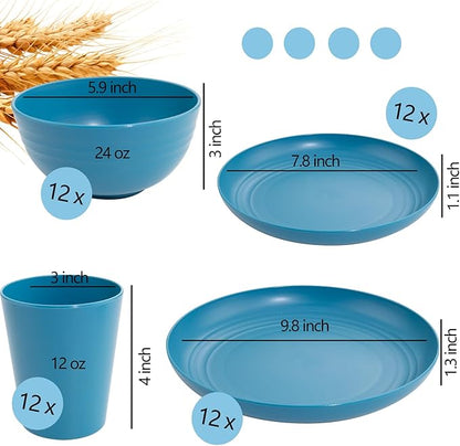 LIYH 48 Pcs Blue Plastic Wheat Straw Dinnerware, Plates and Bowls Set, Camping Dish Set for 12, Dishwasher Safe Dinnerware Sets, Unbreakable Plastic, Camper Dish Sets