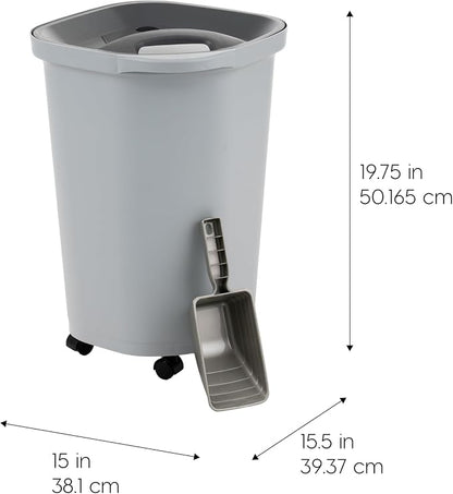 IRIS USA Pet Food Storage Container 25 lbs, Premium 60% Improved Airtight Seal with Air Valve, 2 Cup Scoop, Removable Wheels, Easy to Open - Made in the USA, Gray