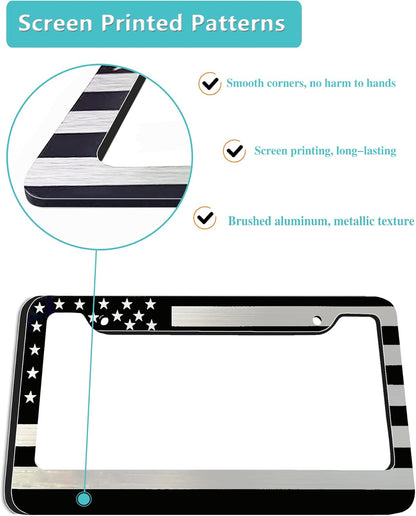American Flag License Plate Frame- Black Front Rear Patriotic USA ‌Car Tag Frames, 2 Pack 2 Hole Heavy Duty Brushed Aluminum Plastic Composite Holder with Screws Caps