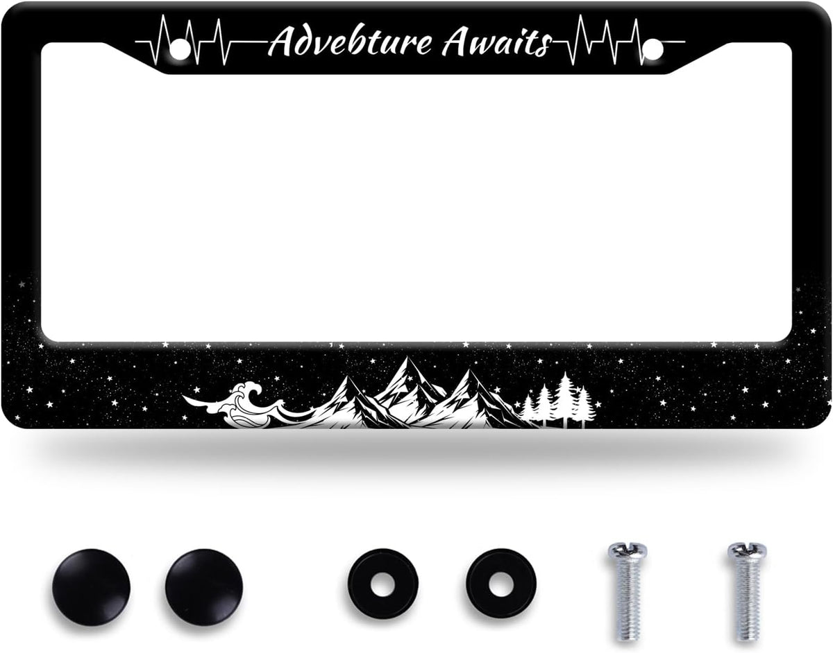 Advebture Awaits License Plate Frame Mountain Waves Forest License Plate Stainless Steel Rust-Proof Metal Funny License Plate Holder Car Accessory With Screws Car Decoration 12.3" x 6.3" For Men Women