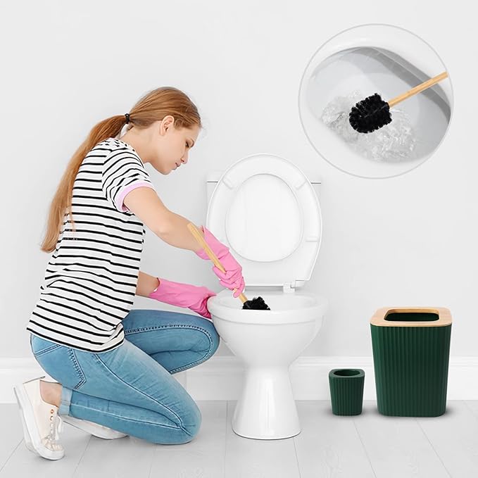Dark Green Bathroom Accessories Set, 9-Piece Green Bathroom Set with Trash Can, Tray, Soap Dispenser, Toothbrush Holder, Toothbrush Cup, Soap Dish, Toilet Brush and Q-tip Holders