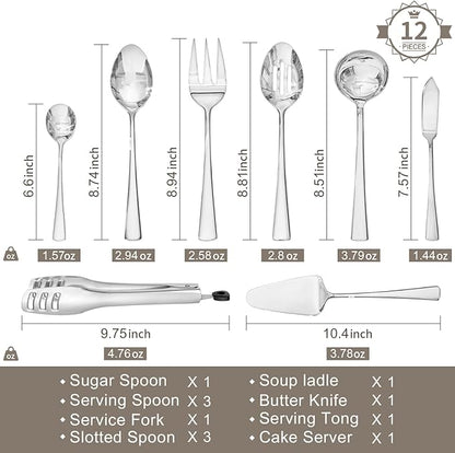 KINGSTONE 12 Piece Serving Utensils Set, 18/10 Stainless Steel Serving Utensils, Slotted Spoon, Fork, Tong, Soup Ladle, Cake Server, Butter Knife and Sugar Spoon for Buffet, Parties, Kitchen