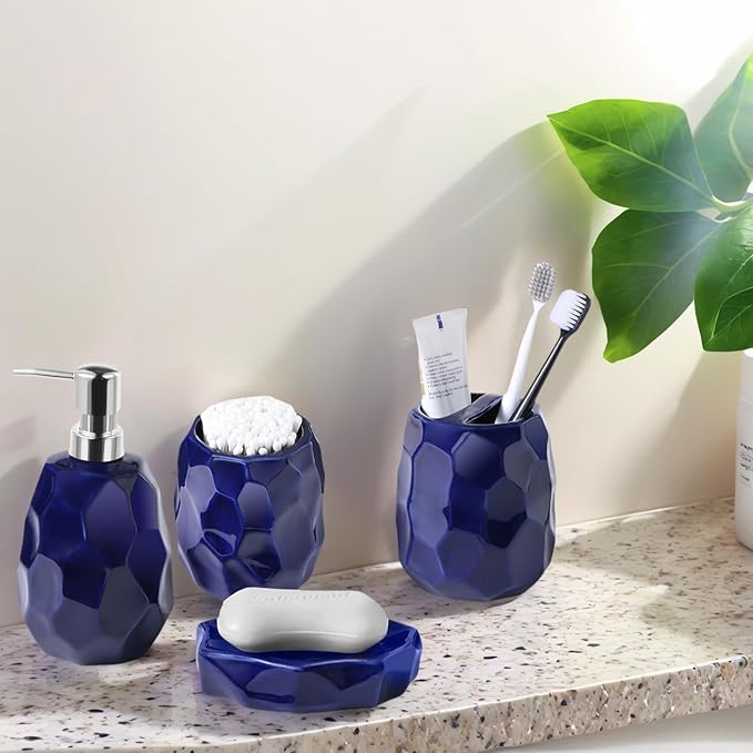 Ceramic Bathroom Accessories Set 4 PCS,Bathroom Toothbrush Holder Set,Soap and Toothbrush Holder Set,Include Toothbrush Holder,Soap Dispenser,Tumbler,Soap Dish,Bathroom Sets Decor Organizer(Navy Blue)