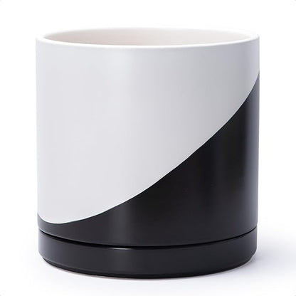 D'vine Dev 12 Inch Ceramic Planter Pot with Drainage Hole and Saucer, Indoor Cylinder Round Planter Pot, Oblique Monochrome Black and White, 94-O-F-K