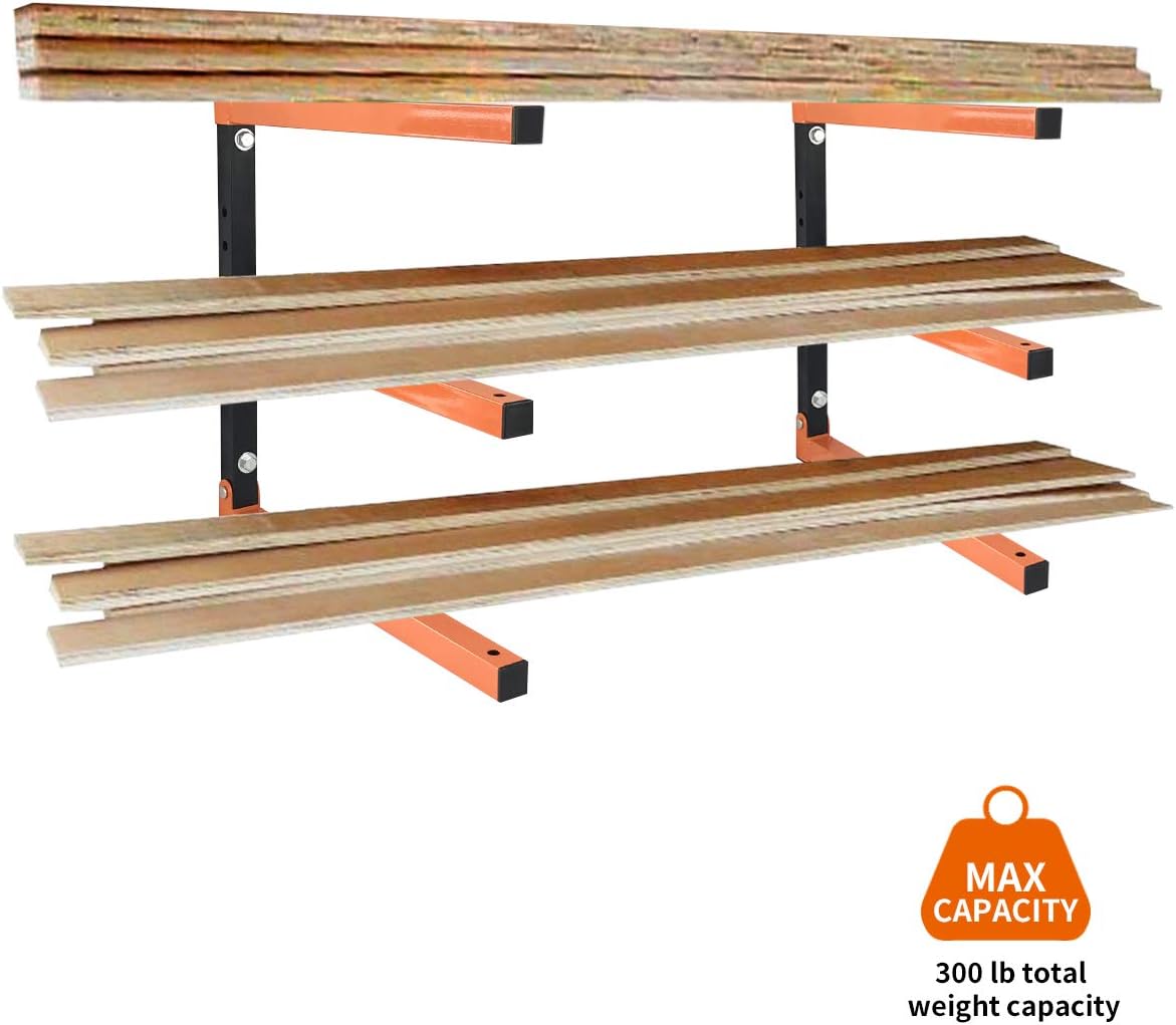 Homydom Garage Shelving Wood Rack,Lumber Storage Rack Wood Organizer Wall Mount Rack Heavy Duty Metal Saving Indoor & Outdoor Space with 3-Level, 4 Pack