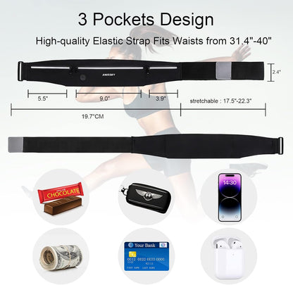 GUZACK Slim Running Belt for Phone 6.8'', Ultra Light Running Belts for Women/Men, Zipper Waterproof Running Waist Pack, Reflective Running Fanny Pack With 3 Separate pouch