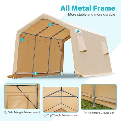 ADVANCE OUTDOOR 10x15 ft Shelter Storage Shed Steel Metal Peak Roof Portable Garage Carports for Motorcycle, Boat or Garden Tools with 2 Roll up Doors & Vents, Beige