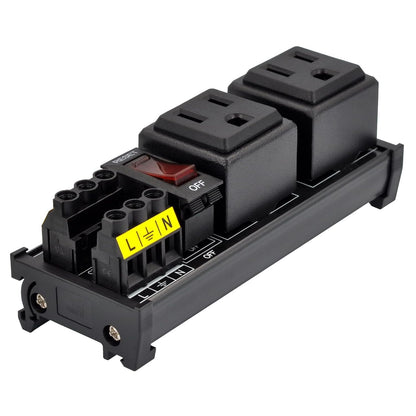 DIN Rail Mount AC 120V NEMA 5-15R Double Receptacles Outlet Power Strip Module, with Rocker Switch Thermal Circuit Breaker Overload Protector