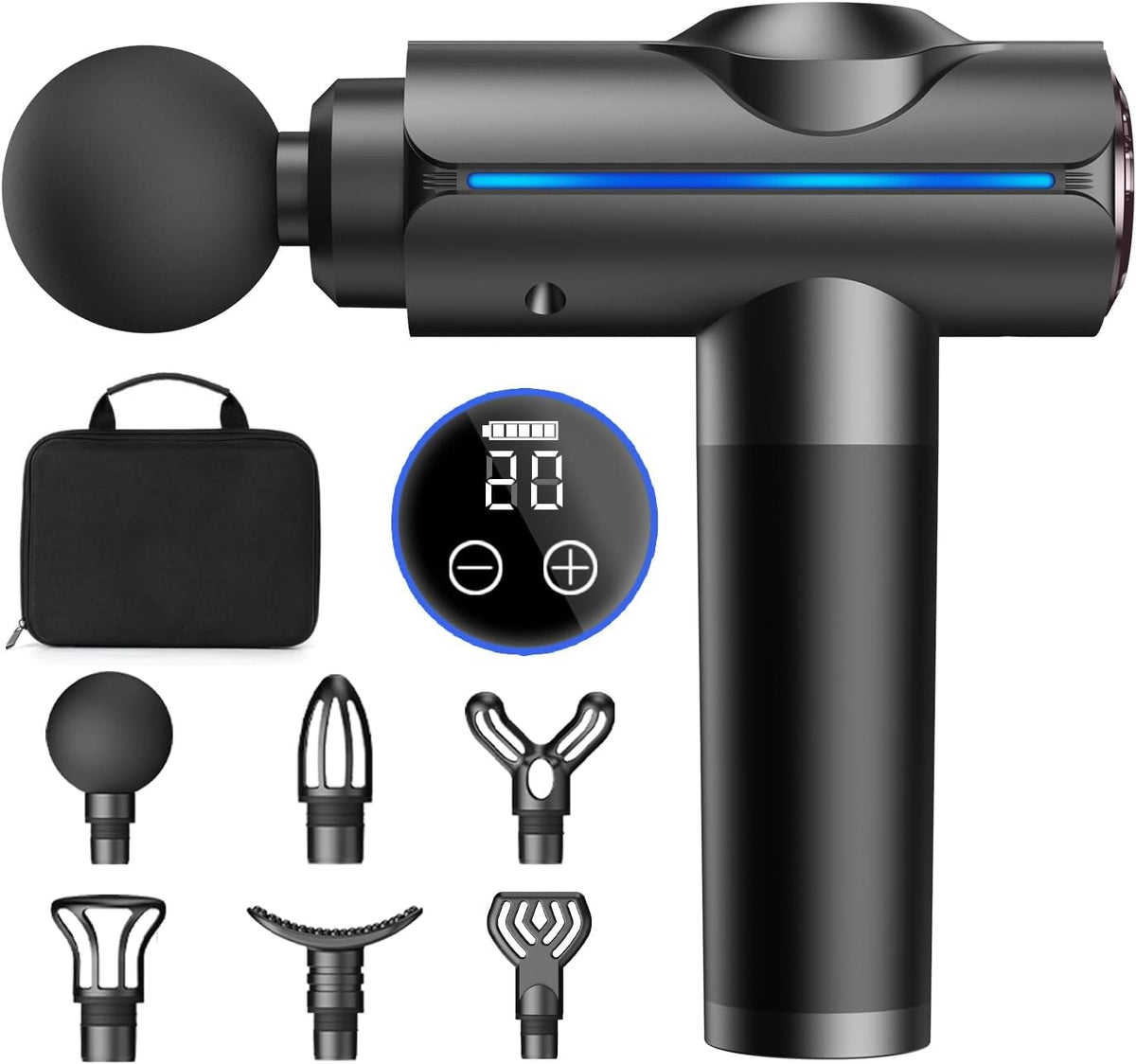Massage Gun, Deep Tissue Massage Gun for Pain Relief, Quiet Electric Percussion Massager, Handheld Electric Muscle Massager with Carry Case 20 Speeds & LED Screen, Gift for Women/Men. Grey