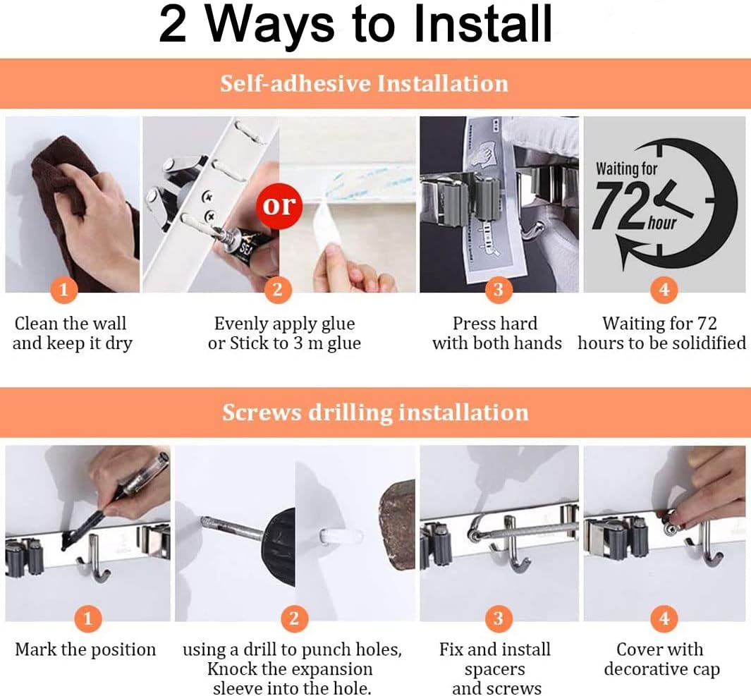 Mop and Broom Holder, 4 Positions 5 Hooks Heavy Duty Mop Hanger Wall Mounted Stainless Steel Organizer for Home Laundry Bathroom, Garage Storage Systems Utility Tools Rack