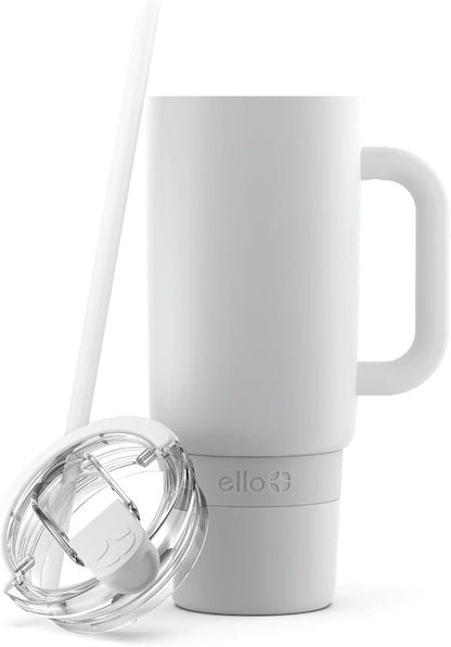 Ello Port 40oz Tumbler with Carry Loop & Integrated Handle, Vacuum Insulated Stainless Steel Reusable Water Bottle, Travel Mug with Leak Proof Lid & Straw, Perfect for Iced Coffee & Tea, White