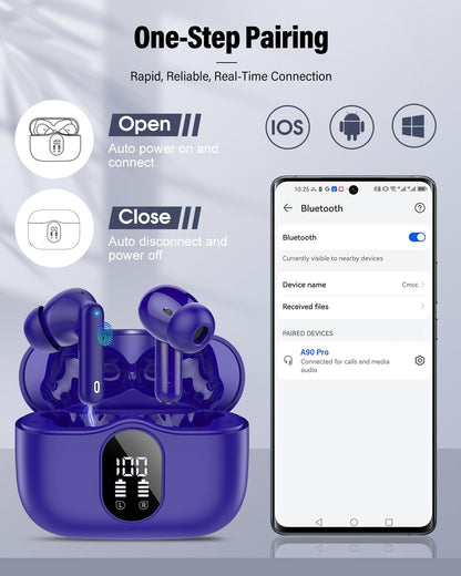 Wireless Earbuds, Bluetooth 5.4 Headphones Bass Stereo, Ear Buds with Noise Cancelling Mic, IP7 Waterproof in Ear Earphones, 36H LED Display Bluetooth Earbuds for Laptop Pad Phones Sports, Dark Blue