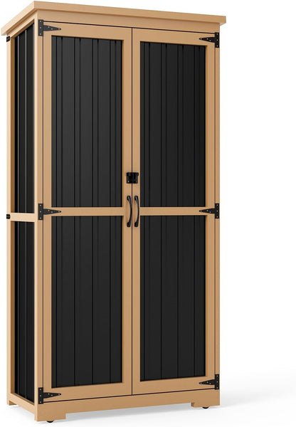 Outdoor Storage Cabinet,Wood & Metal Storage Shed with Lockable Doors & Adjustable Shelves,Vertical Outdoor Cabinets Weatherproof for Patio Backyard, Gardening Tools and Accessories,Brown