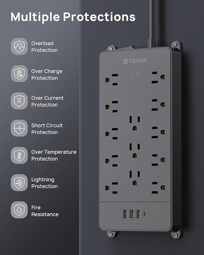 TROND Surge Protector Power Strip 15 ft Cord - Long Extension Cord, 13 Widely-Spaced Outlets Expansion with USB C Ports, 4000 Joules, Flat Plug, Wall Mount, ETL Listed, Office Desk Accessory, Black