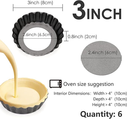 6 pcs Egg Tart Molds, 3" Mini Tart Pans Removable Bottom, Cupcake Cake Muffin Mold Tin Pan Baking Tool, Reusable Quiche Bakeware Carbon Steel for Pies, Quiche Bakeware, Cheese Cakes, Desserts