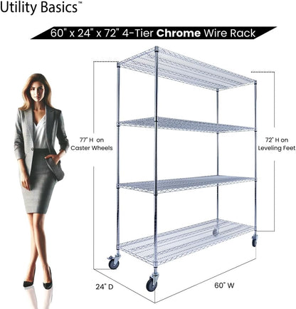 60"x24"x72" PREMIUM METAL STEEL 4-Tier Wire Shelving NSF 3200 LBS MAX Capacity Heavy Duty Storage Rack for Hospitals, Schools, Commercial Spaces, and Garages w/PREMIUM Wheels
