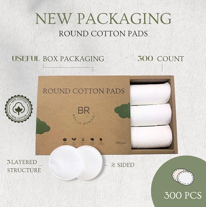 Certified Organic Cotton Rounds (300 Count) Makeup Remover Pads, Hypoallergenic, Lint-Free | 100% Pure Cotton