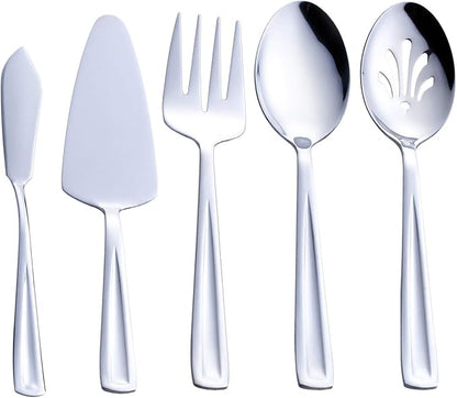 Hostess Serving Utensil Set, GoGeiLi 5-Piece Stainless Steel Flatware Silverware Serving Set, Include Pie Server, Serving Spoon, Slotted Serving Spoon, Serving Fork and Spreader Knife