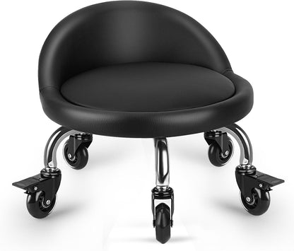 Rolling Stool with Backrest Low Height Rolling Stool with PU Leather, Roller Stool Chair, Roller Seats for Home, Office, Garage, Shop, Library (3.2" h Casters)