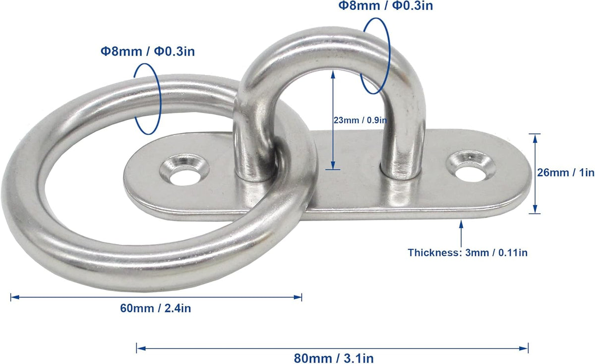 Stainless Steel Ceiling Hooks & Wall Hangers with Rings - Heavy Duty M8 Screw Mount, Rust-Proof Anchor Straps for Garage, Outdoor, Storage (4-Pack)