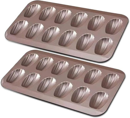 Madeleine Pans for Baking (2-Pack) 12 cup Madlen Mold Makes Shell Shape Cake Cookies Nonstick Carbon Steel Madeline Tray for Oven Gold
