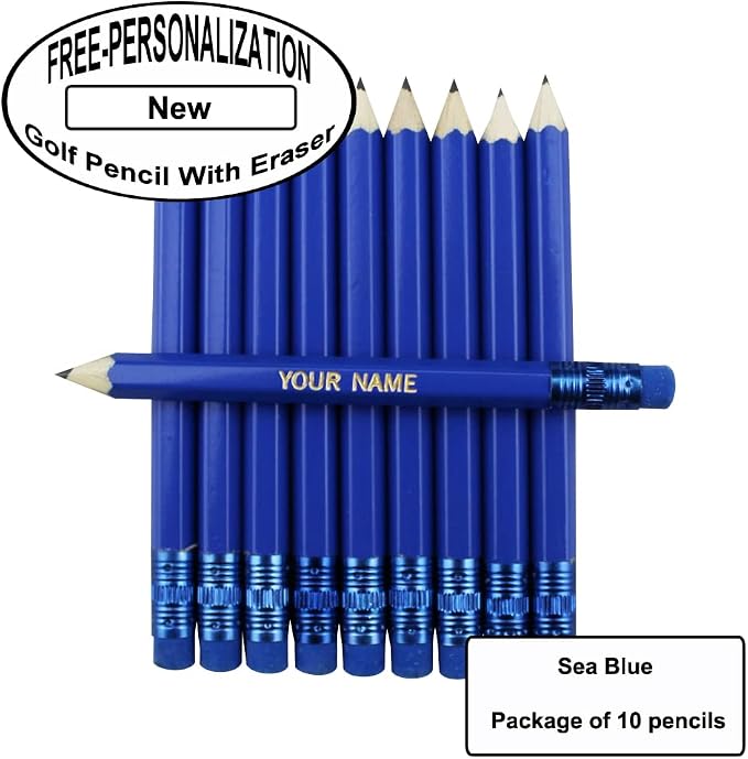 EZPENCILS & GIFTS - Golf Pencils Tipped with Eraser (1/2 a Pencil) - Sea Blue Colored Barrel - FREE-PERSONALIZATION - 2HB Black Lead - Custom Text - Non-Smear Eraser – Package of 10