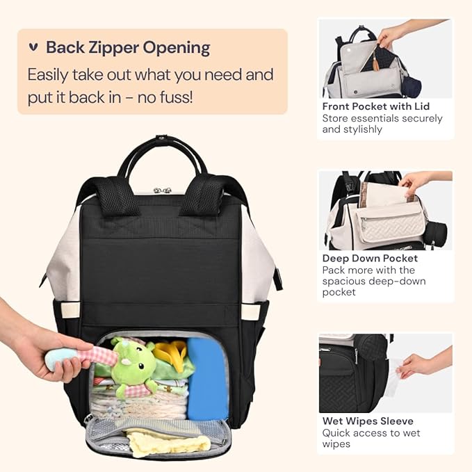 BabbleRoo Diaper Bag Backpack, Multifunction Nappy Changing Bag with Changing Pad, Stroller Straps & Pacifier Case, Unisex Stylish Travel Back Pack for Moms & Dads – Apricot & Black