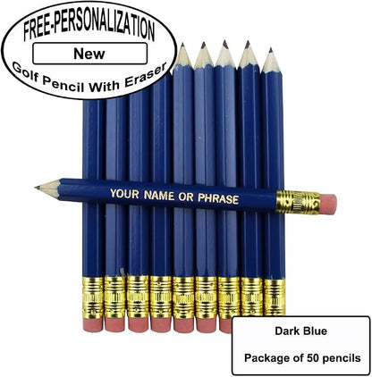 EZPENCILS & GIFTS - Golf Pencils Tipped with Eraser (1/2 a Pencil - Pew Pencils) - Dark Blue Colored Barrel - FREE-PERSONALIZATION - 2HB Black Lead - Custom Text - Non-Smear Eraser – Package of 50