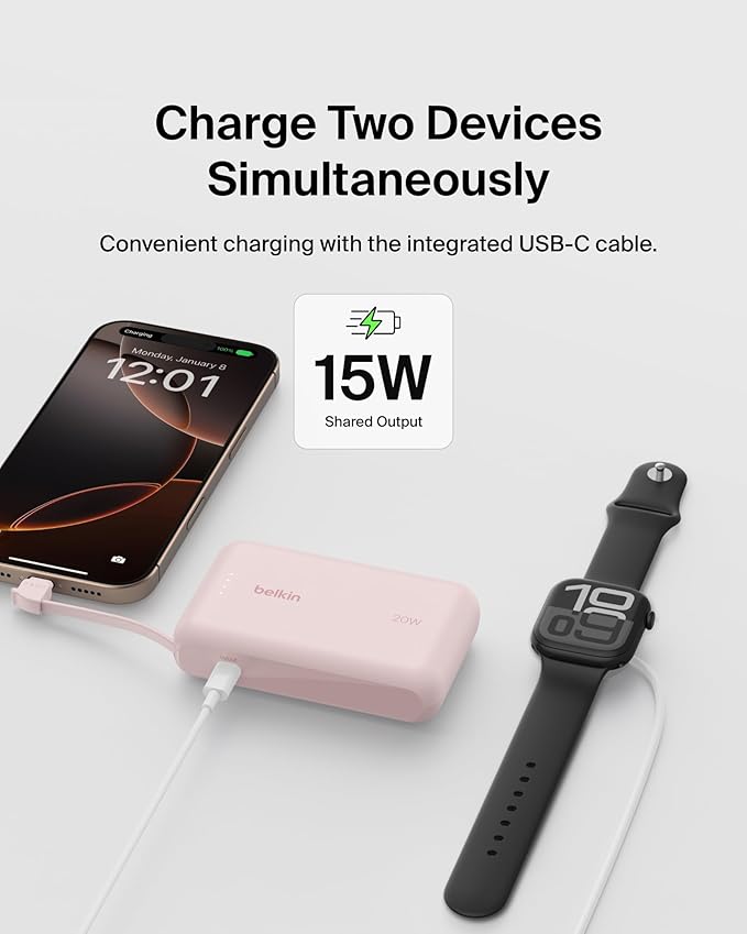 Belkin Portable Charger, Power Bank with Integrated Cable 10000 mAh 20W - Fast Charge USB C Power Delivery - iPhone 17, Air, Pro, Pro Max, iPad, AirPods, Apple Watch, Galaxy S25, & More - Pink