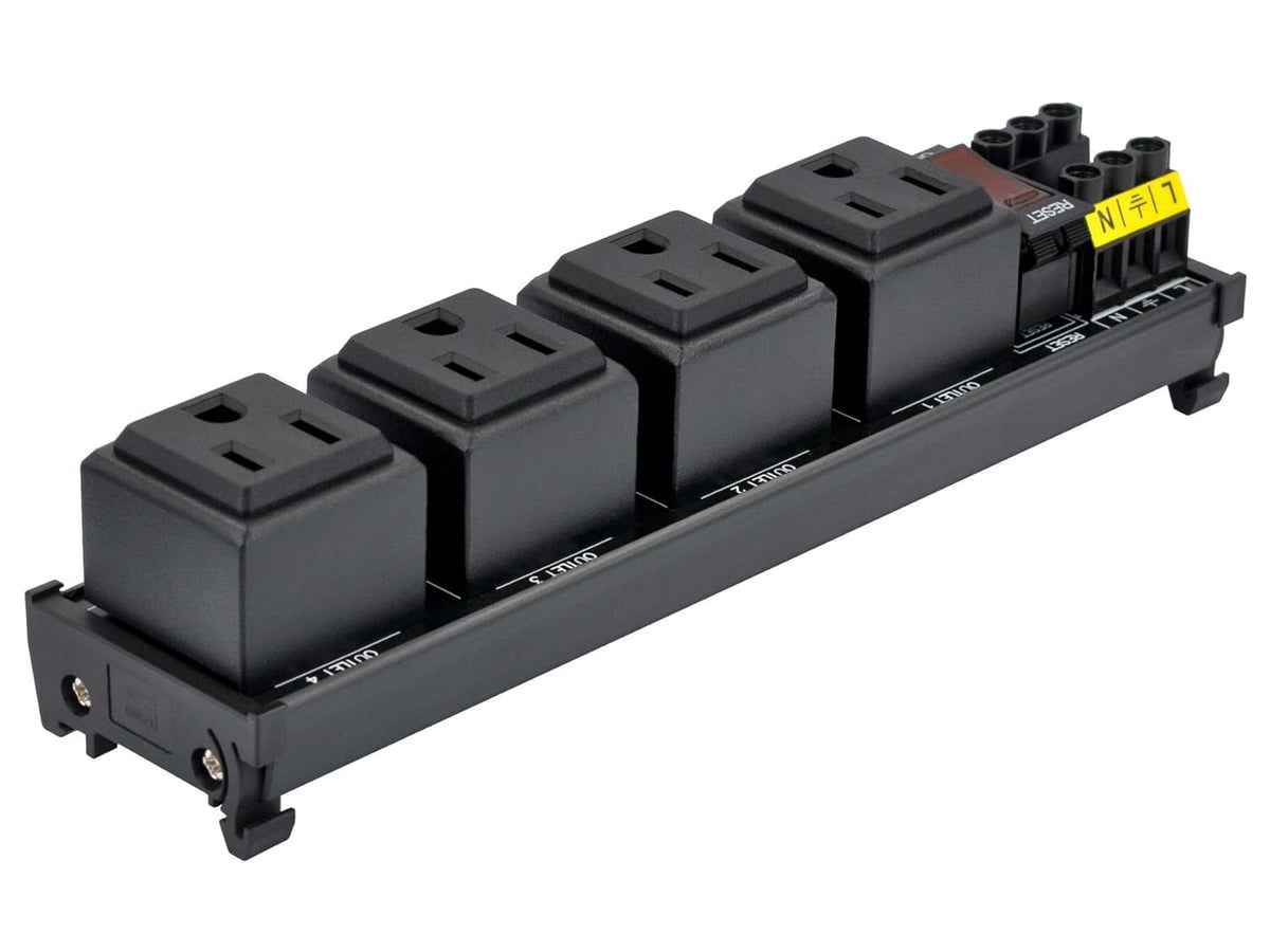 DIN Rail Mount AC 120V NEMA 5-15R 4 Receptacles Outlet Power Strip Module, with Rocker Switch Thermal Circuit Breaker Overload Protector