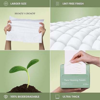 PLANTIFIQUE Disposable Face Towels XL 10"x12" - 100% Biodegradable Viscose Facial Towelettes for Women Skin Care - Face Cleaning Towel 30 Count