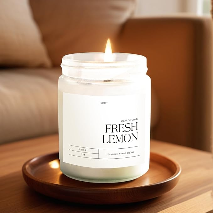 Fresh Lemon Highly Scented Candle for Home, 9oz Natural Soy Aromatherapy Non Toxic Candles with Essential Oil, Home Fragrance Stress Relief & Meditation Jar Candles Gifts for Women & Men, White