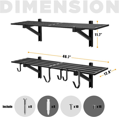 2 Pack Heavy Duty Garage Wall Shelving, 1' x 4' Wall Mount Storage, Holds 200 lbs Each, Garage Shelving Wall Mounted, Storage Rack with Hooks (Black)