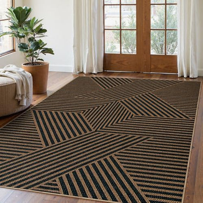 Lahome Geometric Easy Jute Outdoor Rug 5x7, Black Modern Entryway Rug