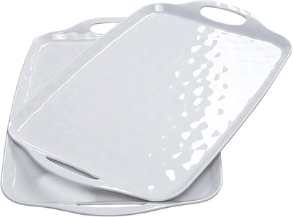 TP Serving Tray with Handles, Large Rectangle Melamine Serving Platter Set of 2, Pure White (19” x 12”)