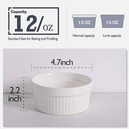 DELLING Ramekins 12 Oz Oven Safe Set of 6, Porcelain Souffle Dish for Baking - Creme Brulee Bowls for French Onion Soup Lava Cake Pudding, Stackable, White
