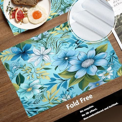 Batmerry Floral Light Blue Linen Placemats Set of 6, Blue Green Floral Washable Table Mats for Kitchen Table Thickened Heat Insulation Dining Set Indoor Outdoor 12X18 in