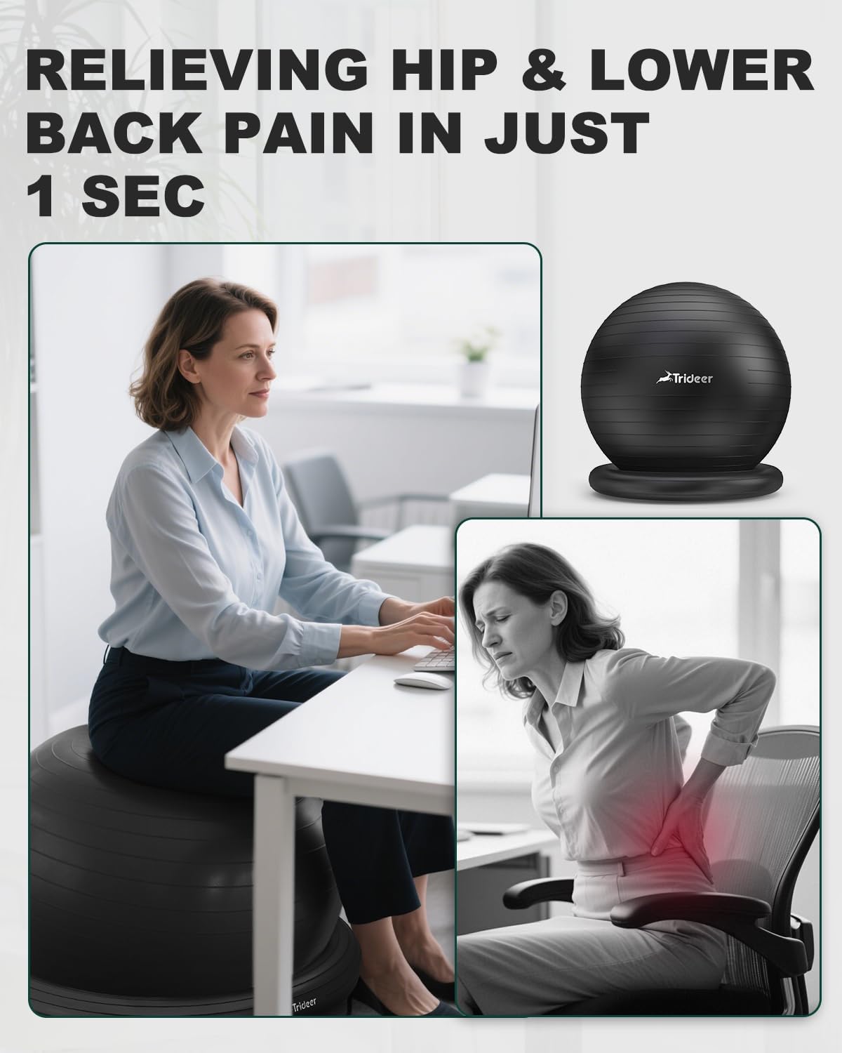 Trideer Exercise Yoga Ball Chair with Base for Home Office Desk, Stability & Fitness Ball Seat to Relieve Back Pain, Home Gym Workout for Abs, Pregnancy Ball with Pump