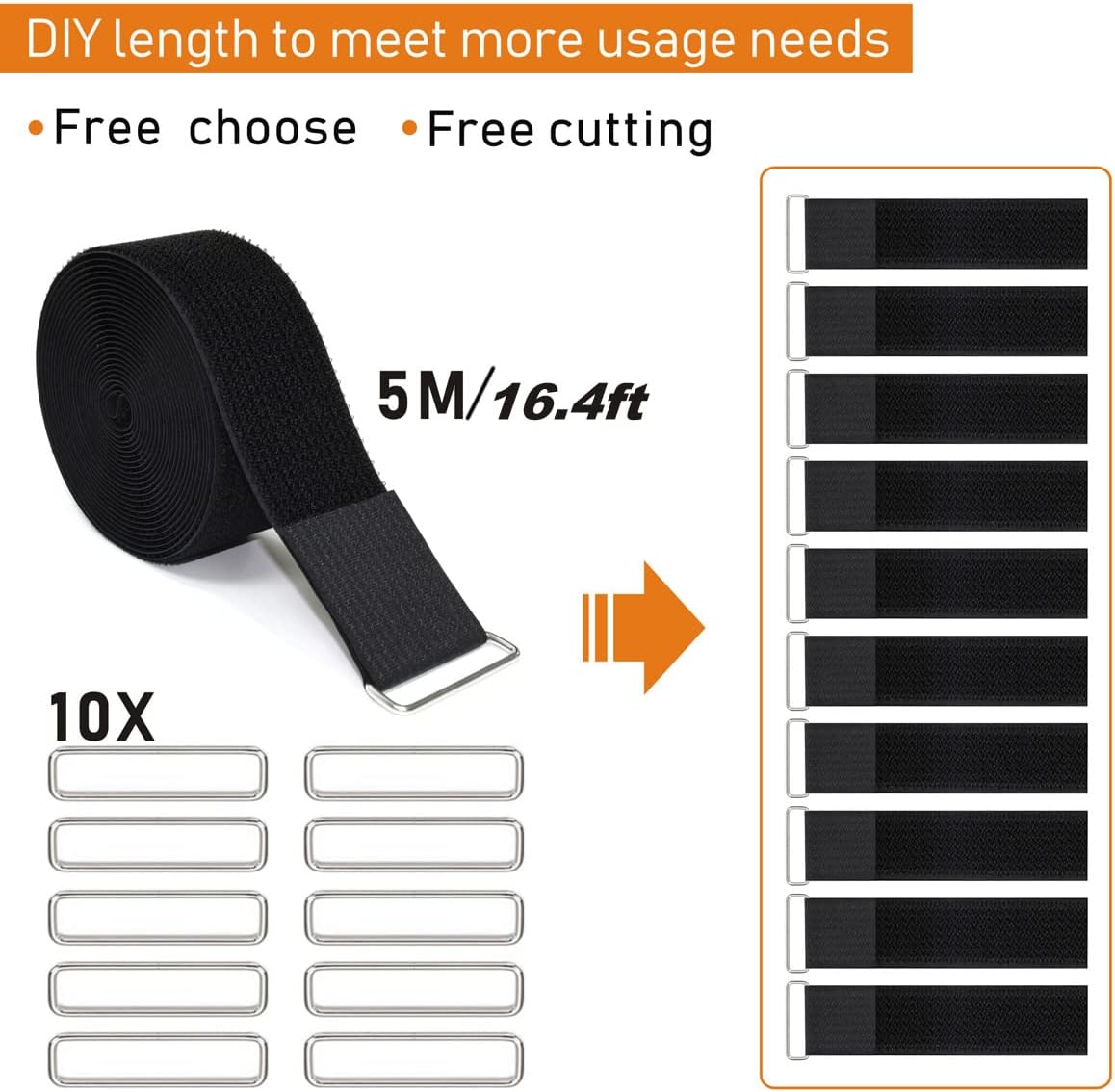 2"x16ft Reusable Cinch Strap with 10 Metal Buckles, Cut-to-Length Fastening Securing Straps, Adjustable Nylon Cable Straps and Cord Ties for Organizer or Storage, 2 inch Wide, Black