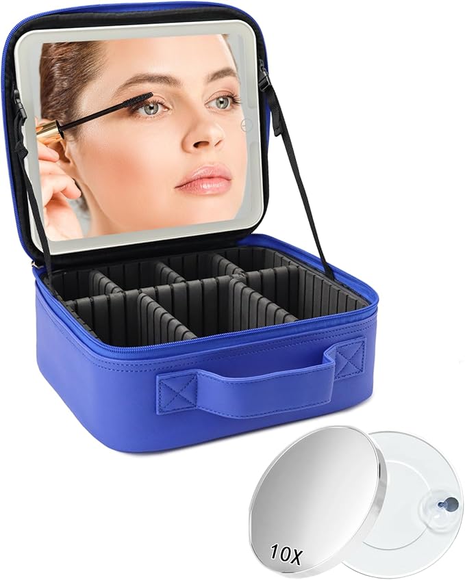 Travel Makeup Bag for Makeup Artists Large Makeup Case,with Mirror 3 Color Setting and Detachable 10x Magnifying Mirror Travel Makeup Bag,Portable Storage and Adjustable Dividers-dark blue