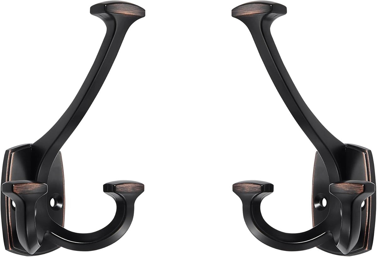Large Wall Double-Sided Hook 5 Pack Oil Rubbed Bronze Hook Decorative Heavy Duty Solid Large Coat Hooks for Towel Hanging Coats Robe Towel Bags Door Back 2 Prong Hooks