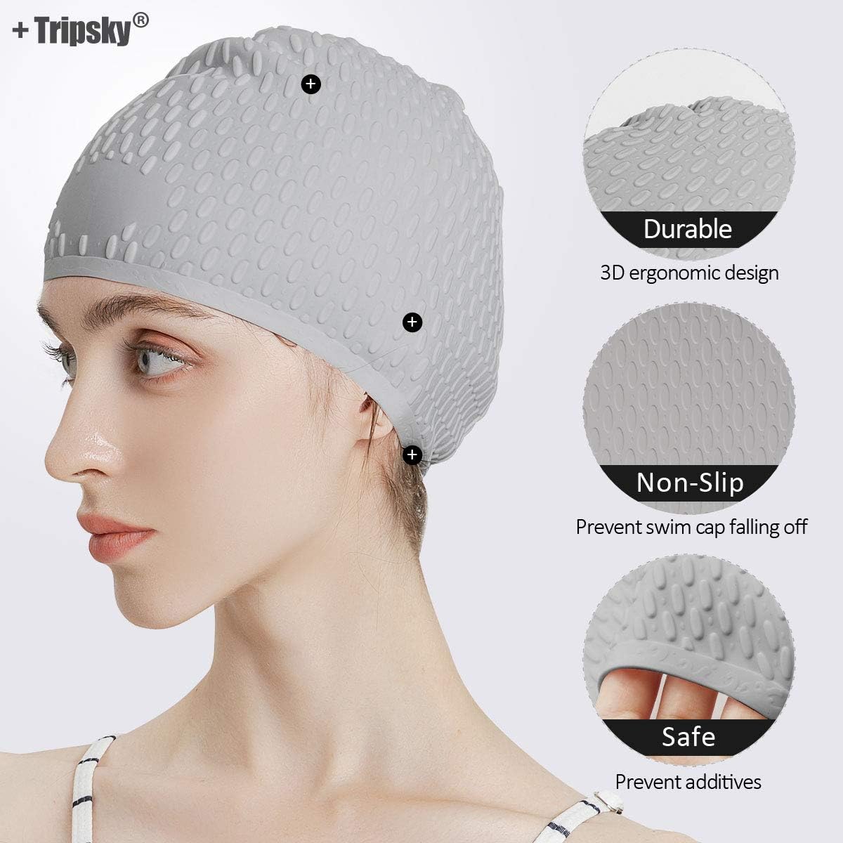 Tripsky Silicone Swim Cap,Comfortable Bathing Cap Ideal for Curly Short Medium Long Hair, Swimming Cap for Women and Men, Shower Caps Keep Hairstyle Unchanged…