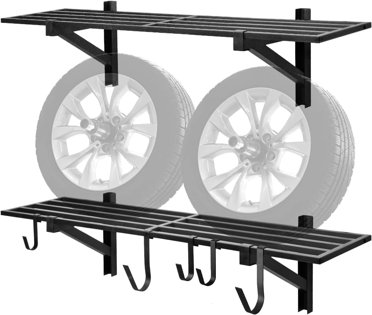 2 Pack Heavy Duty Garage Wall Shelving, 1' x 4' Wall Mount Storage, Holds 200 lbs Each, Garage Shelving Wall Mounted, Storage Rack with Hooks (Black)