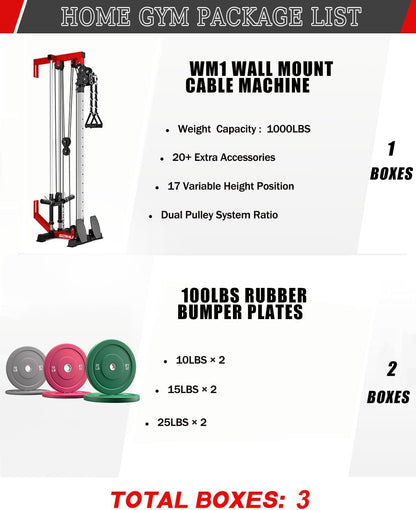 Wall Mount Cable Station, WM1 Cable Crossover Machine with 17 Positions, High and Low Cable Crossover Machine with Removable Footplate for Garage Home Gym