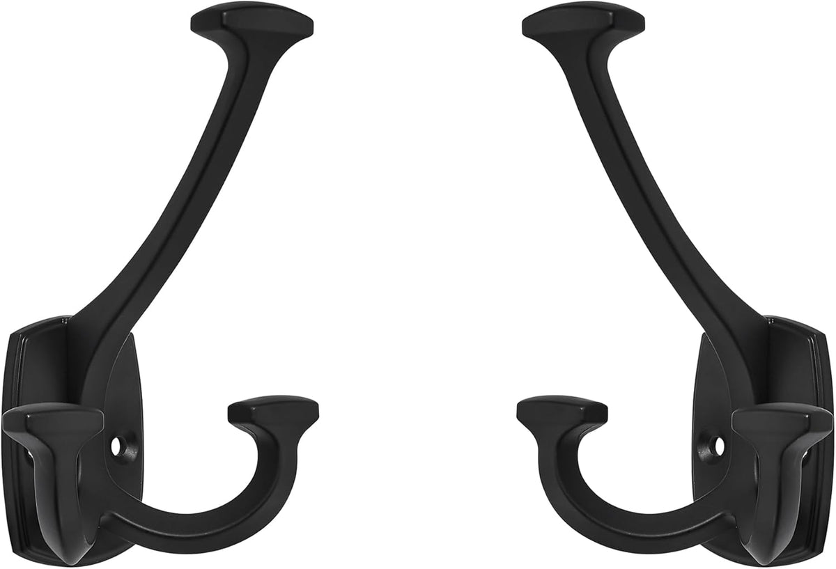 Large Wall Double-Sided Hook 2 Pack Matte Black Hook Decorative Heavy Duty Solid Large Coat Hooks for Towel Hanging Coats Robe Towel Bags Door Back 2 Prong Hooks