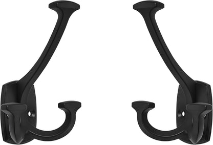 Large Wall Double-Sided Hook 2 Pack Matte Black Hook Decorative Heavy Duty Solid Large Coat Hooks for Towel Hanging Coats Robe Towel Bags Door Back 2 Prong Hooks