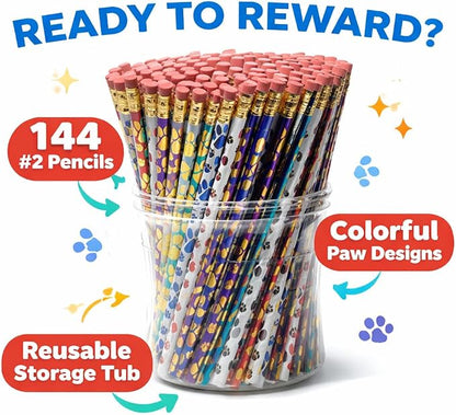 Anderson's Paw Print Pencil Tub, Bulk #2 Pencils for Animal Shelters, School Stores & Pet Events, Fun Assorted Colors for Teachers, Vets & Community Giveaways, 144 Pack